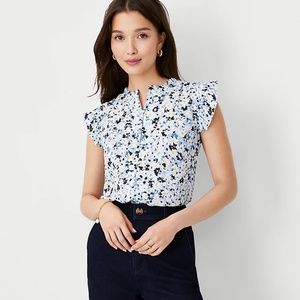 Ann Taylor NWT Petite Floral Mixed Media Ruffle Button Shell